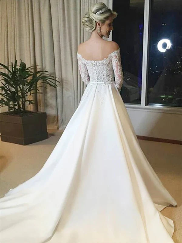 Fantastic Off-the-shoulder A-line Wedding Dresses Satin Appliqued Gowns Elegant