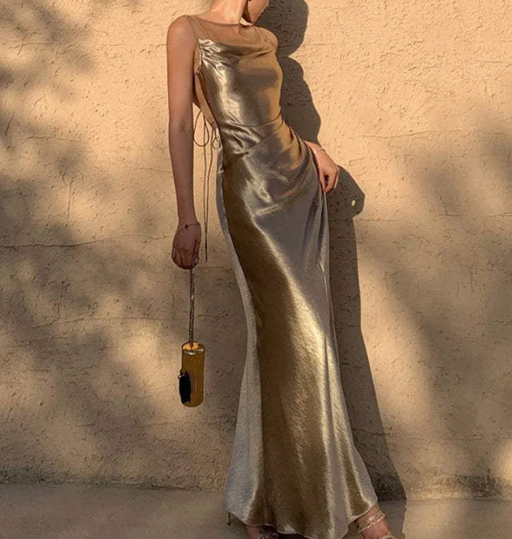 Elegant Gold Satin Backless Mermaid Long Prom Dress Formal Party Dress Evening Dress Wholesale