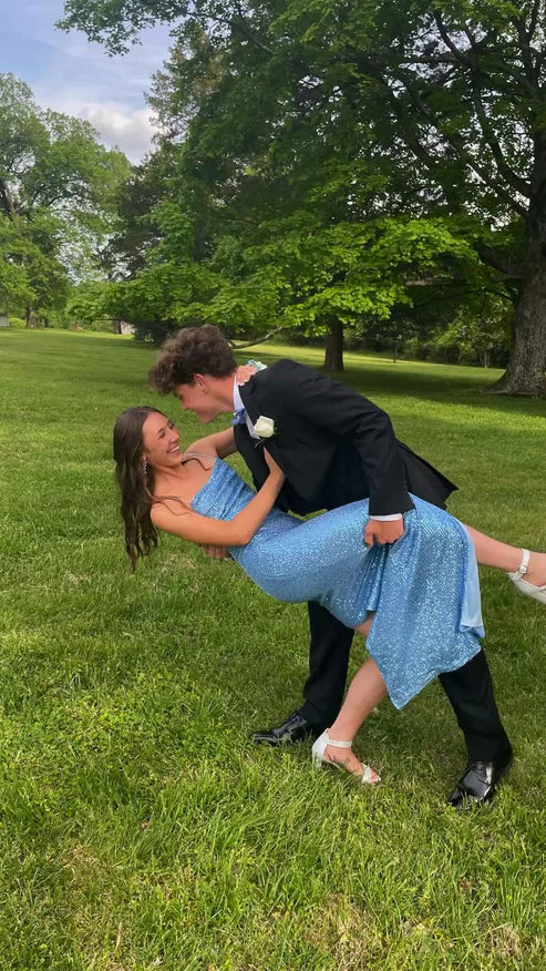 Blue Sequins Spaghetti Straps Long Party Dress with Slit Sparkly Evening Dress Wholesale