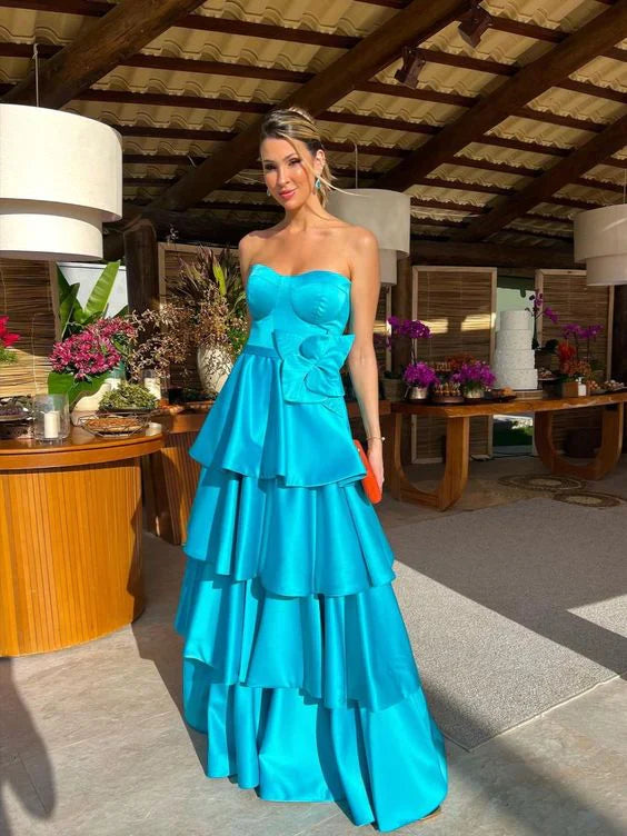 Blue Satin Strapless Tiered Long Prom Dress Off Shoulder Charming Evening Party Dress Wholesale