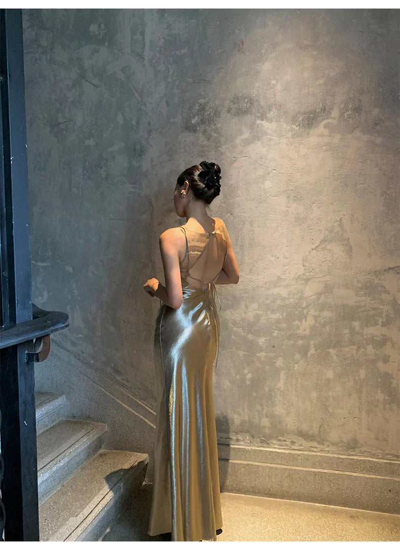 Elegant Gold Satin Backless Mermaid Long Prom Dress Formal Party Dress Evening Dress Wholesale