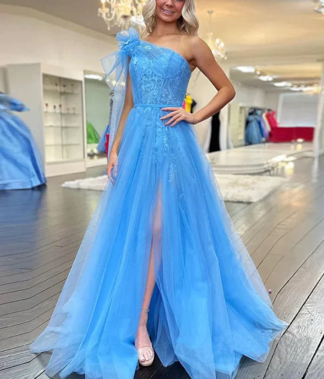 Elegant Blue One Shoulder A-Line Tulle Lace Long Party Dress Prom Dress Wholesale