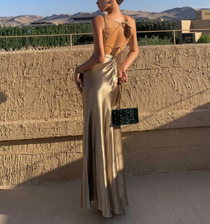 Elegant Gold Satin Backless Mermaid Long Prom Dress Formal Party Dress Evening Dress Wholesale