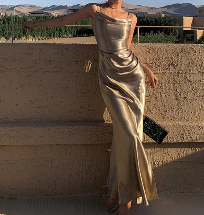 Elegant Gold Satin Backless Mermaid Long Prom Dress Formal Party Dress Evening Dress Wholesale