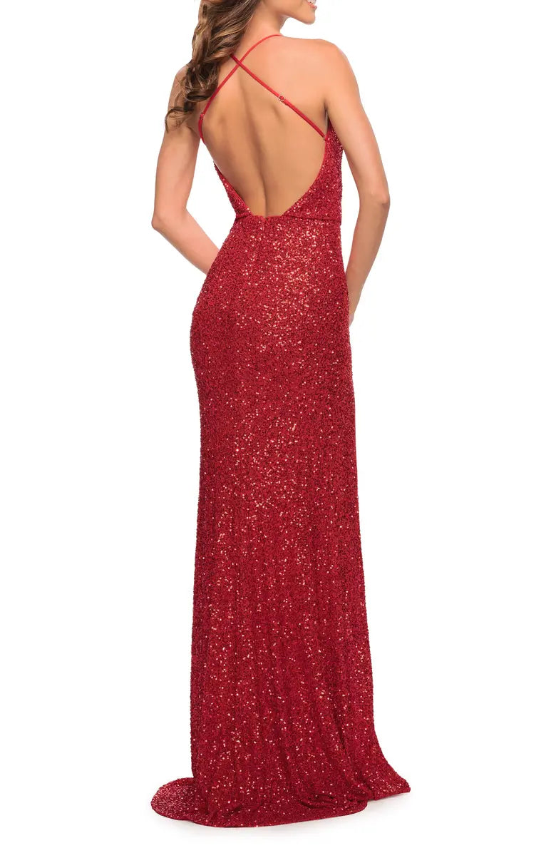 Noble sequin thin shoulder strap sleeveless off shoulder and floor length front slit evening dress