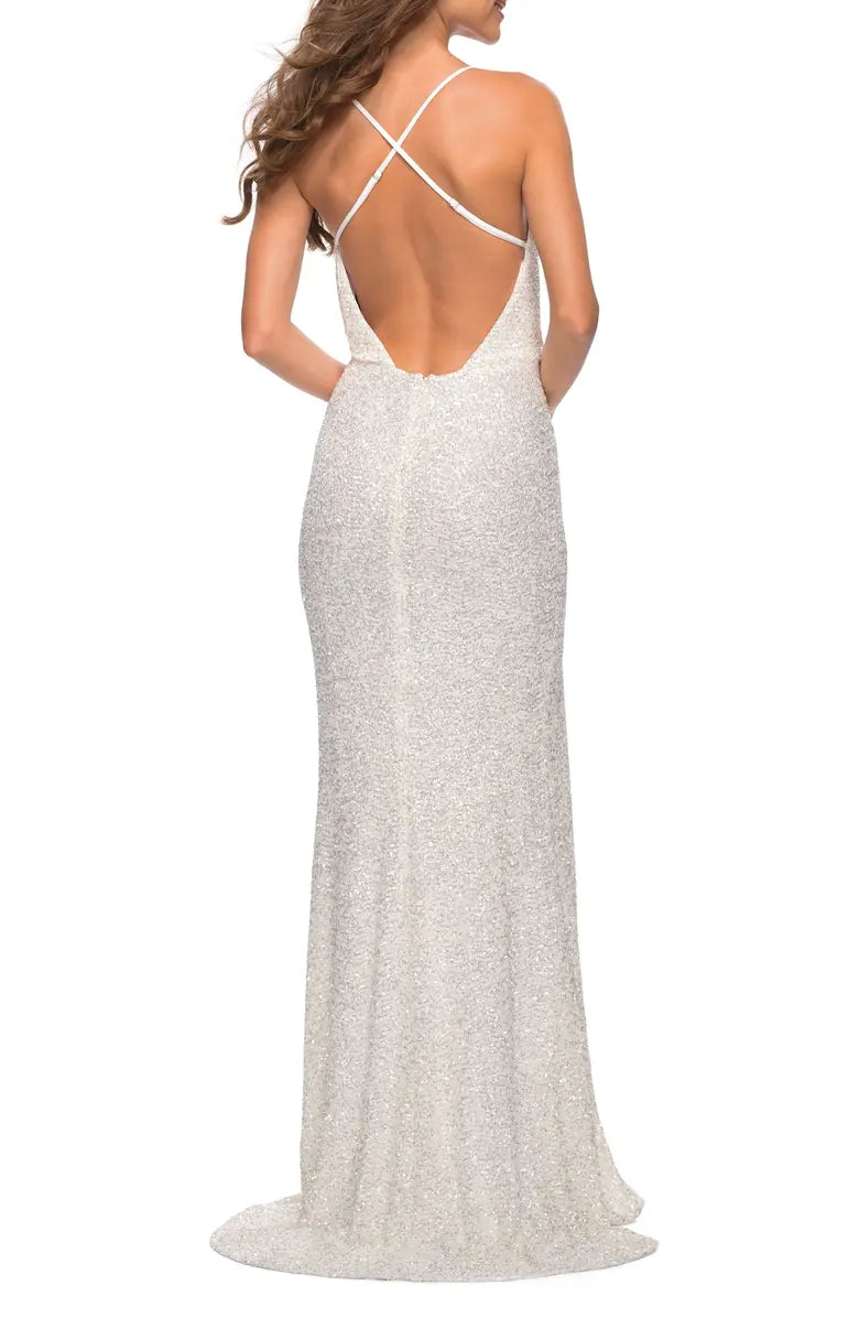 Noble sequin thin shoulder strap sleeveless off shoulder and floor length front slit evening dress