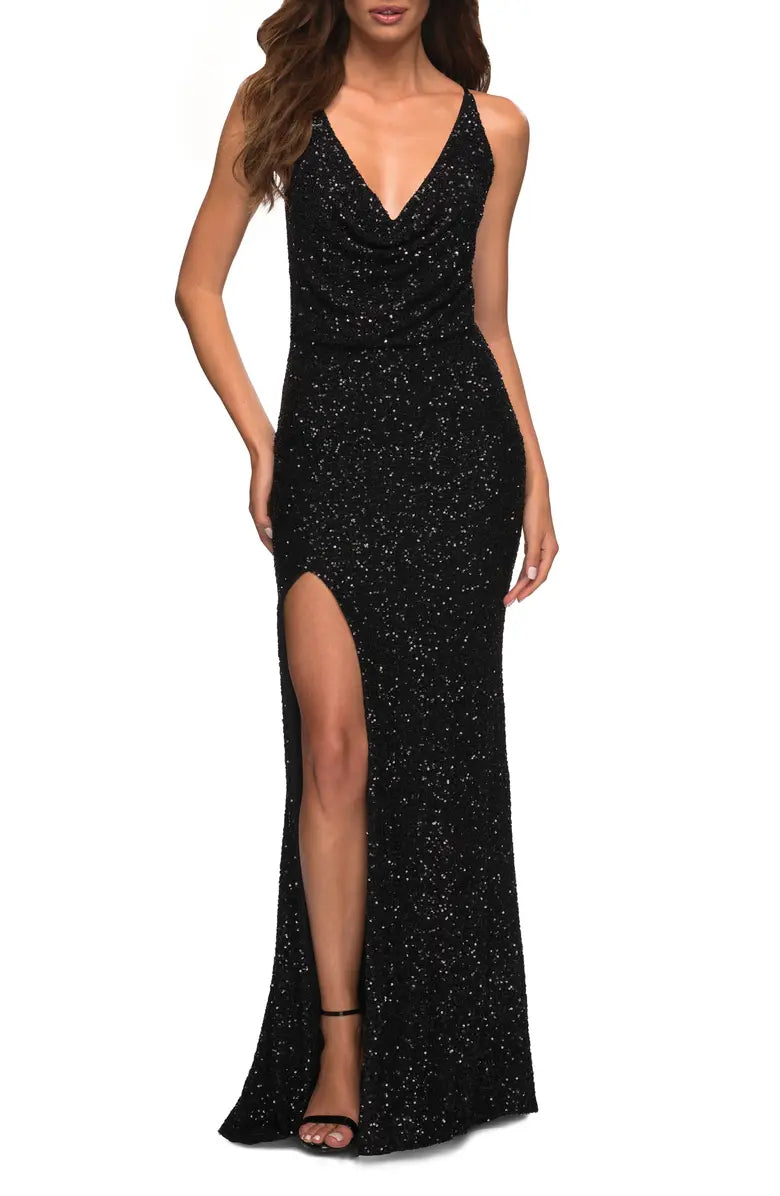 Noble sequin thin shoulder strap sleeveless off shoulder and floor length front slit evening dress