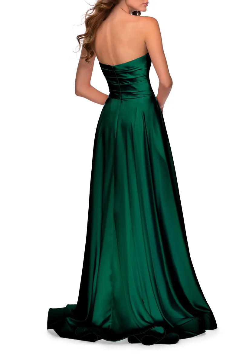 Elegant strapless slit satin and floor length off shoulder evening dress
