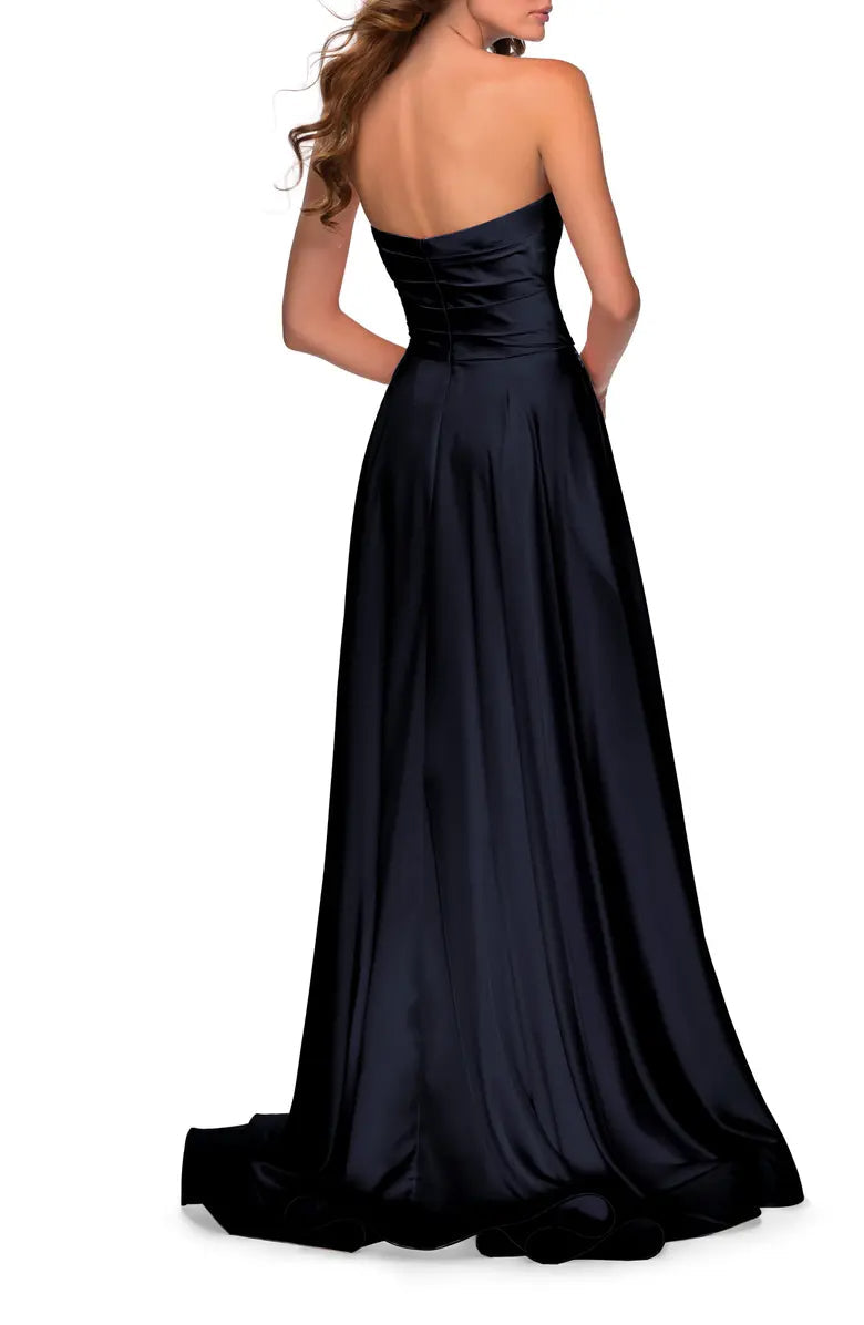 Elegant strapless slit satin and floor length off shoulder evening dress