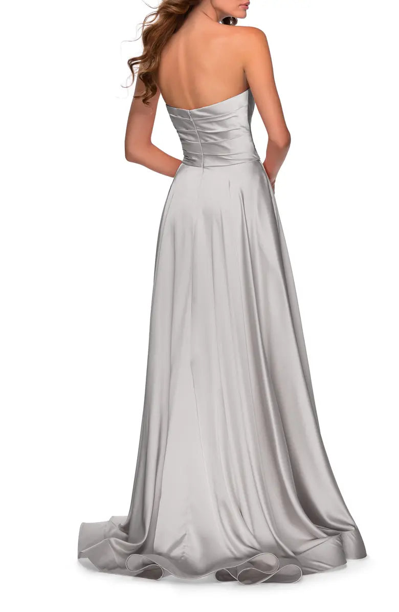 Elegant strapless slit satin and floor length off shoulder evening dress