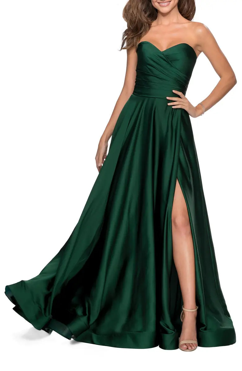 Elegant strapless slit satin and floor length off shoulder evening dress