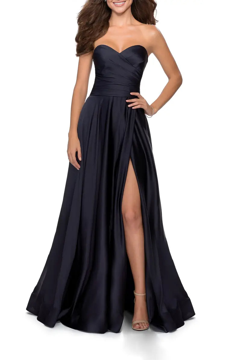 Elegant strapless slit satin and floor length off shoulder evening dress