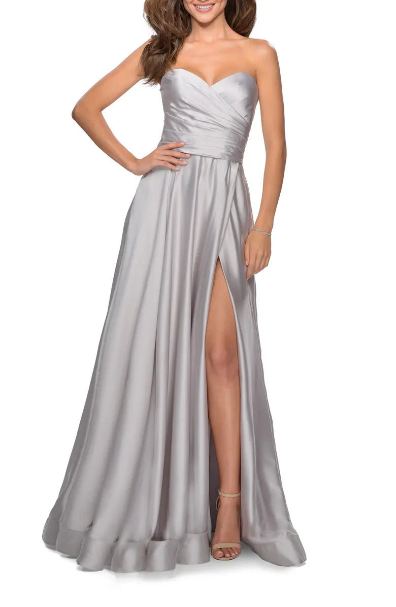 Elegant strapless slit satin and floor length off shoulder evening dress