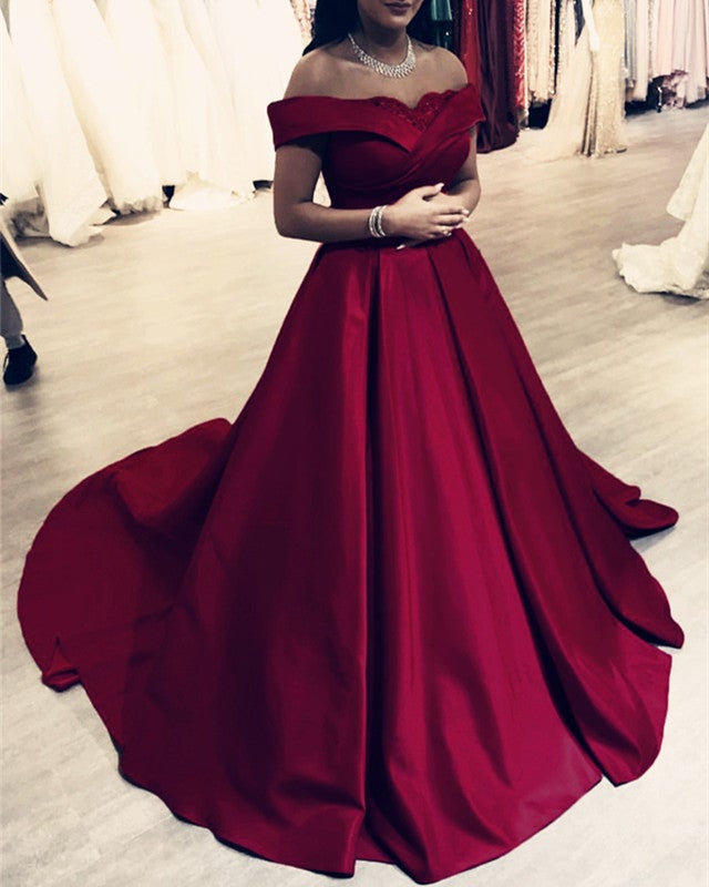 Lace Appliques Off Shoulder Satin Ball Gown Prom Dresses