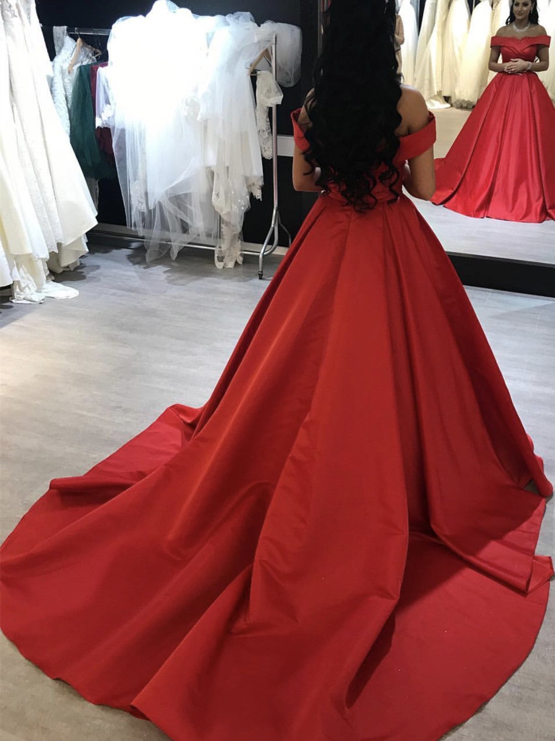 Lace Appliques Off Shoulder Satin Ball Gown Prom Dresses