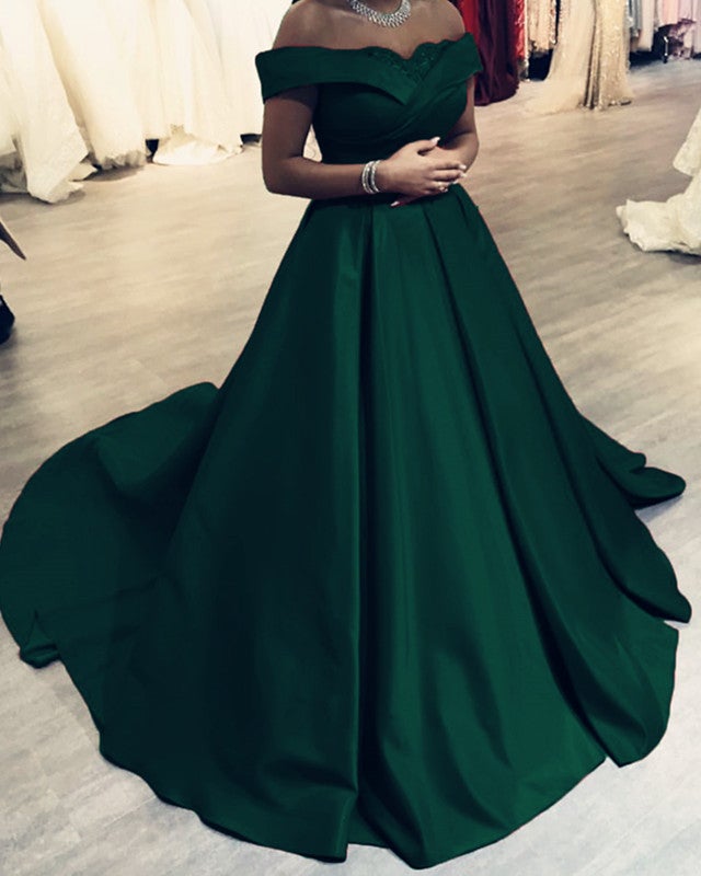 Lace Appliques Off Shoulder Satin Ball Gown Prom Dresses