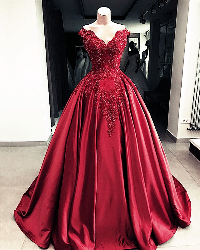 Lace Embroidery Beaded V-neck Satin Ball Gown Prom Dress