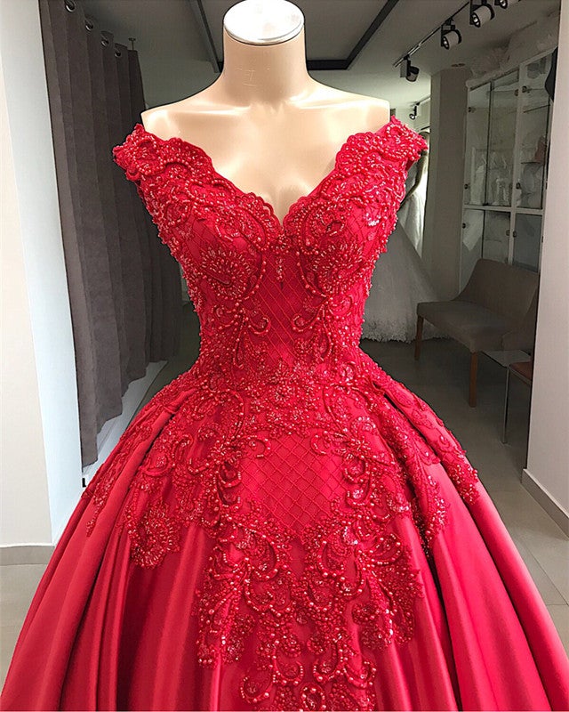 Lace Embroidery Beaded V-neck Satin Ball Gown Prom Dress