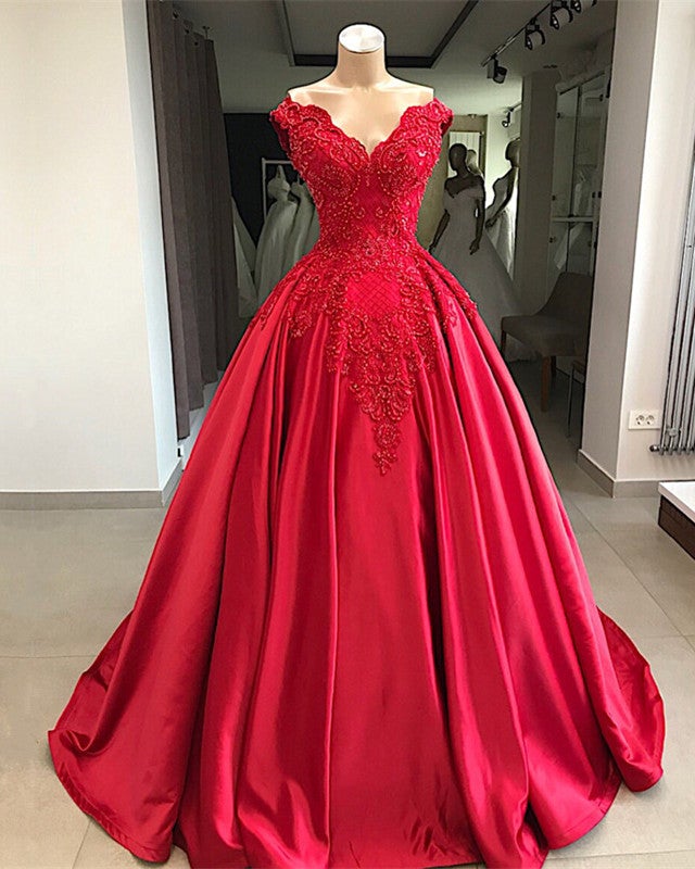 Lace Embroidery Beaded V-neck Satin Ball Gown Prom Dress