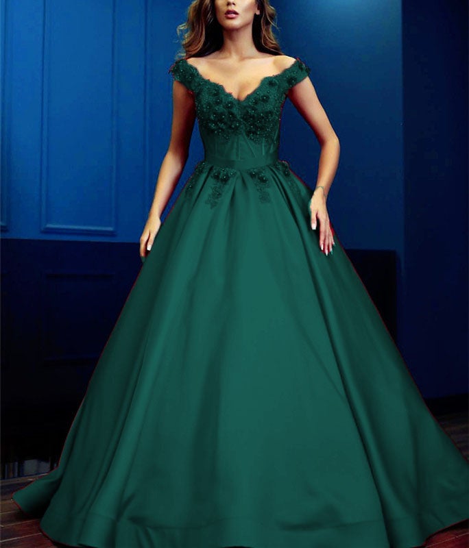 Lace Flowers Beaded V-neck Ball Gowns Prom Dresses Satin