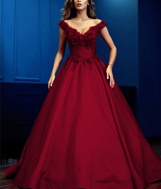 Lace Flowers Beaded V-neck Ball Gowns Prom Dresses Satin