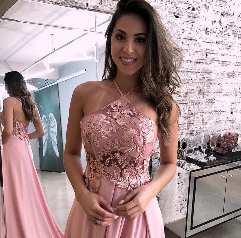 Lace Halter Long Chiffon Prom Dresses Leg Split