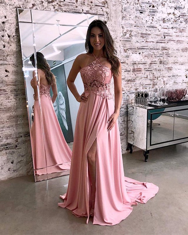 Lace Halter Long Chiffon Prom Dresses Leg Split