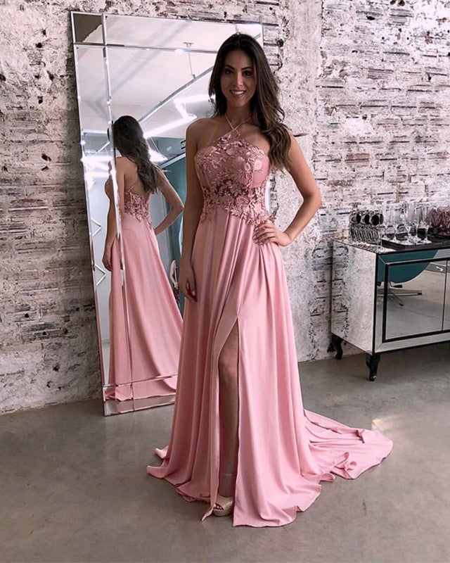 Lace Halter Long Chiffon Prom Dresses Leg Split