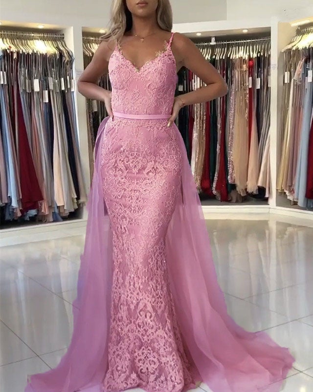 Lace Mermaid Dresses V Neck Removable Skirt