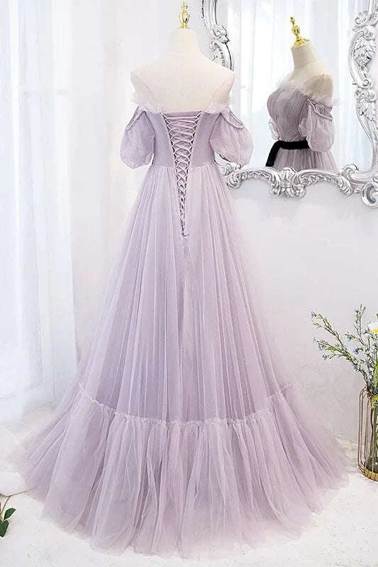 Wholesale A Line Soft Tulle Off the Shoulder Long Prom Dress Charming Evening Dress