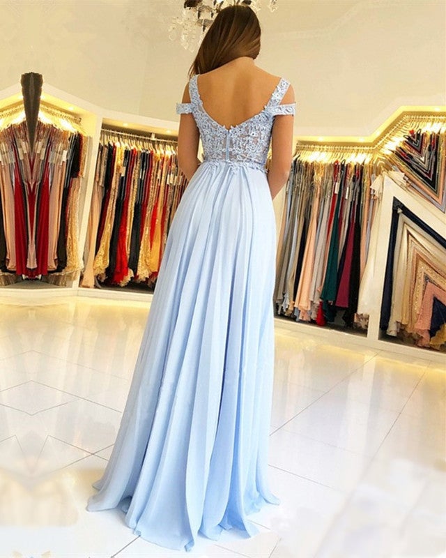 Light Blue Chiffon Prom Dresses Lace Appliques Off The Shoulder