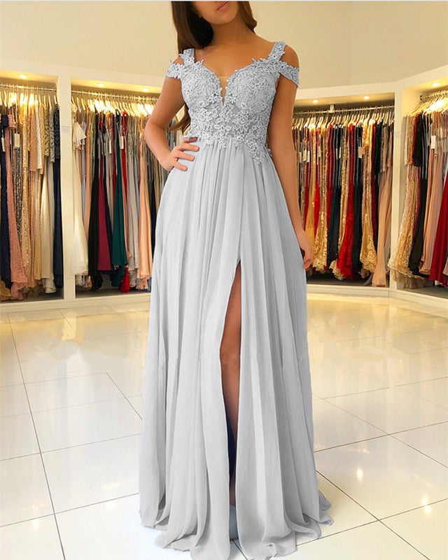 Light Blue Chiffon Prom Dresses Lace Appliques Off The Shoulder