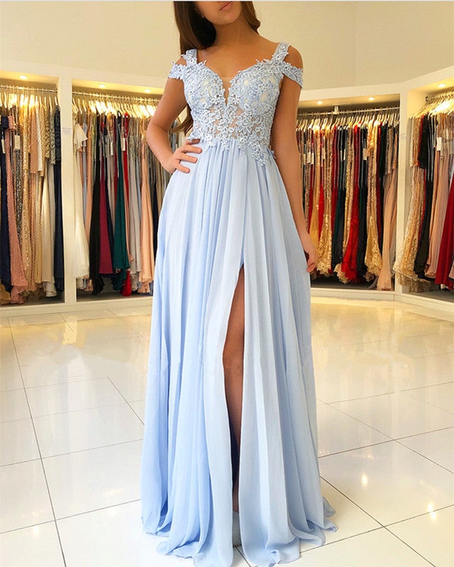 Light Blue Chiffon Prom Dresses Lace Appliques Off The Shoulder