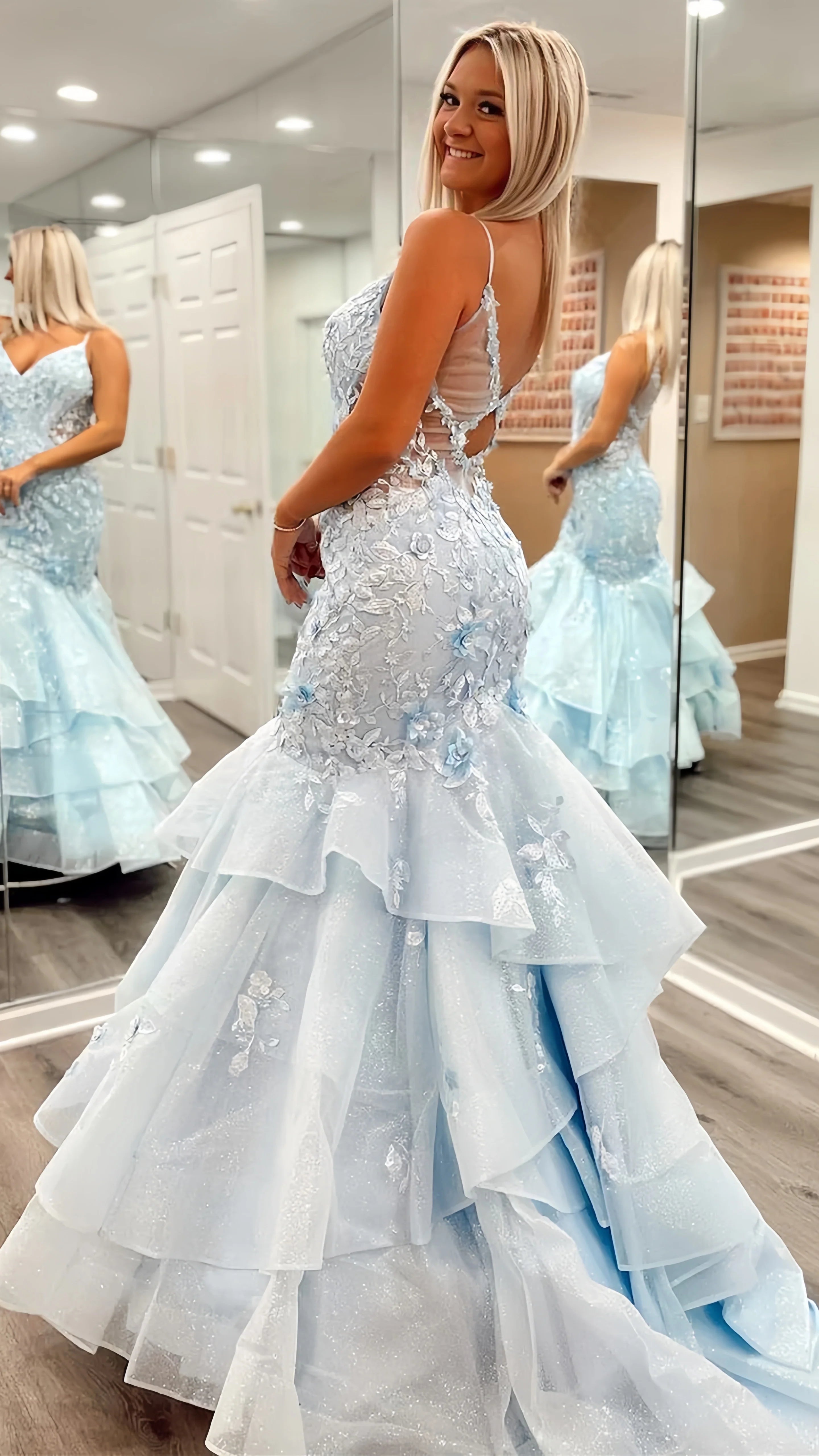 Light Blue Tiered Ruffle Senior Prom Dresses Classy Elegant Mermaid Dress, AST1591