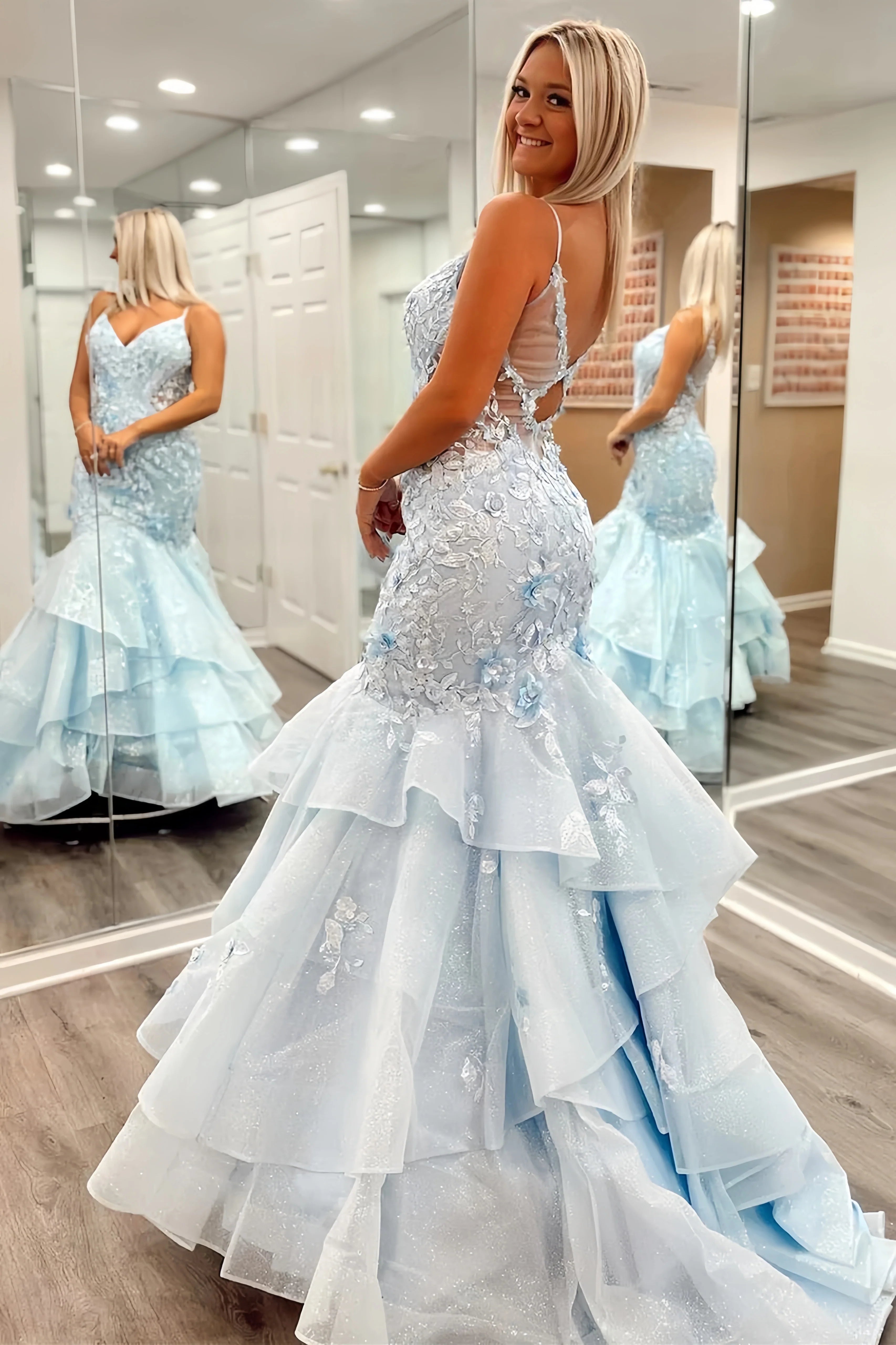 Light Blue Tiered Ruffle Senior Prom Dresses Classy Elegant Mermaid Dress, AST1591