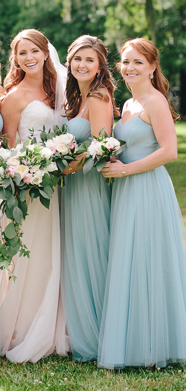 Light Blue Tulle Sweetheart Spaghetti Strap A-line Bridesmaid Dresses ,DB137