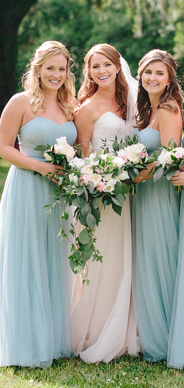 Light Blue Tulle Sweetheart Spaghetti Strap A-line Bridesmaid Dresses ,DB137