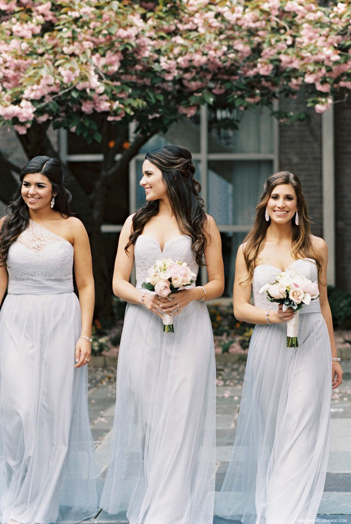 Light Grey Lace Tulle Mismatched Long A-line Bridesmaid Dresses,DB105