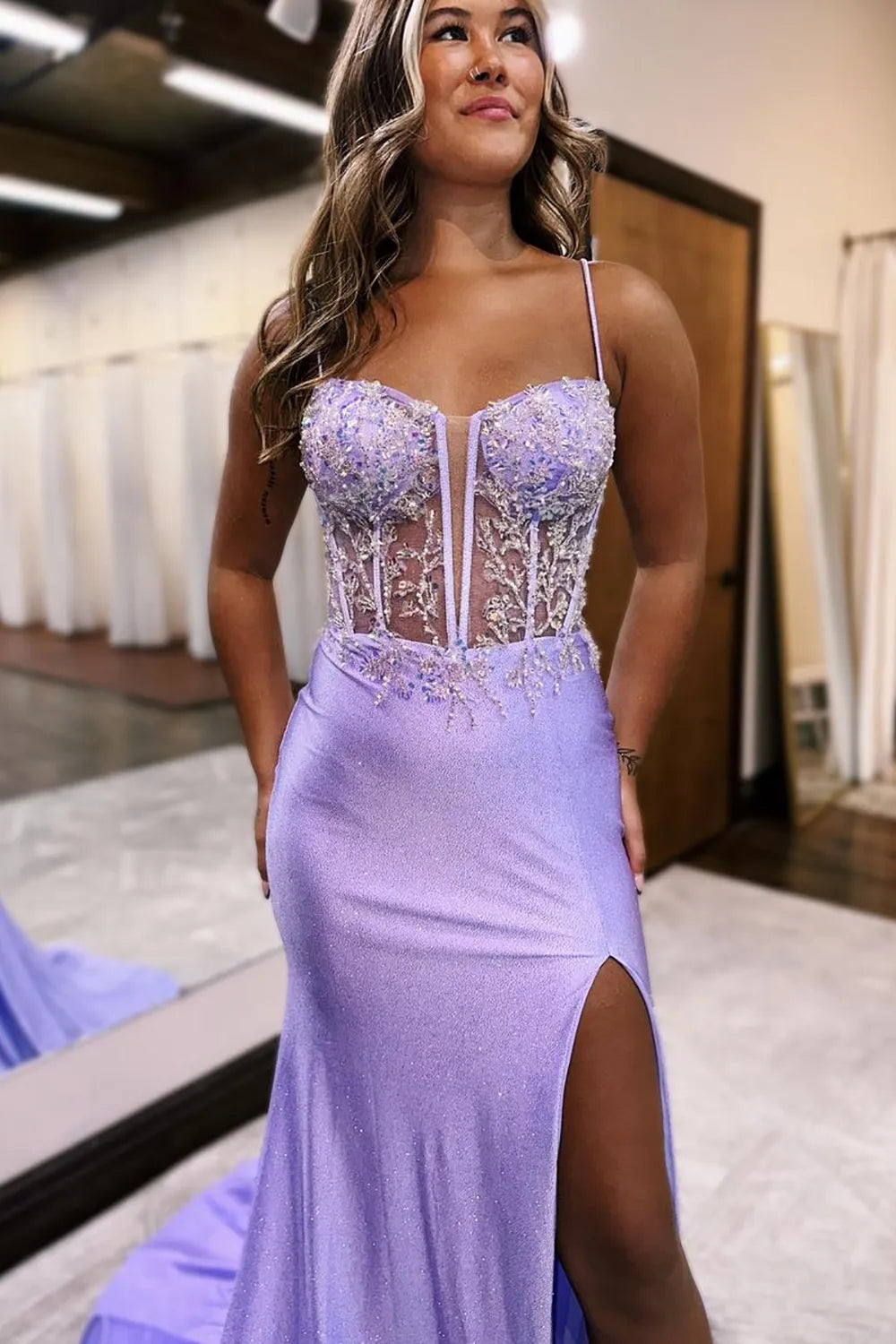 Mermaid Top Spaghetti Straps Long Prom Dress With Slit Sexy