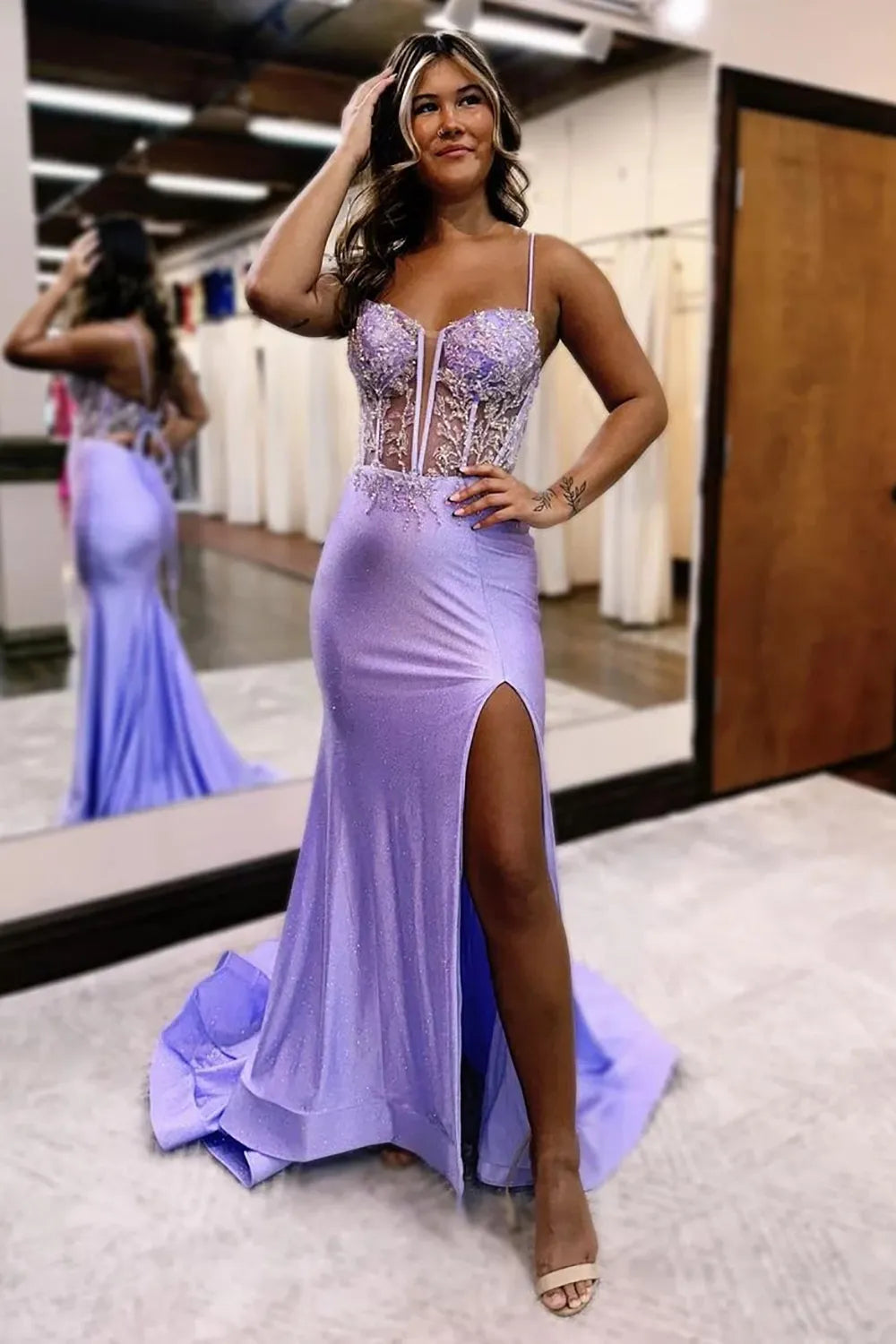 Mermaid Top Spaghetti Straps Long Prom Dress With Slit Sexy