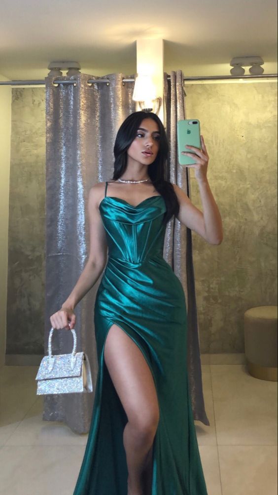 Mermaid Satin Long Prom Dress With Side Slit, AST881