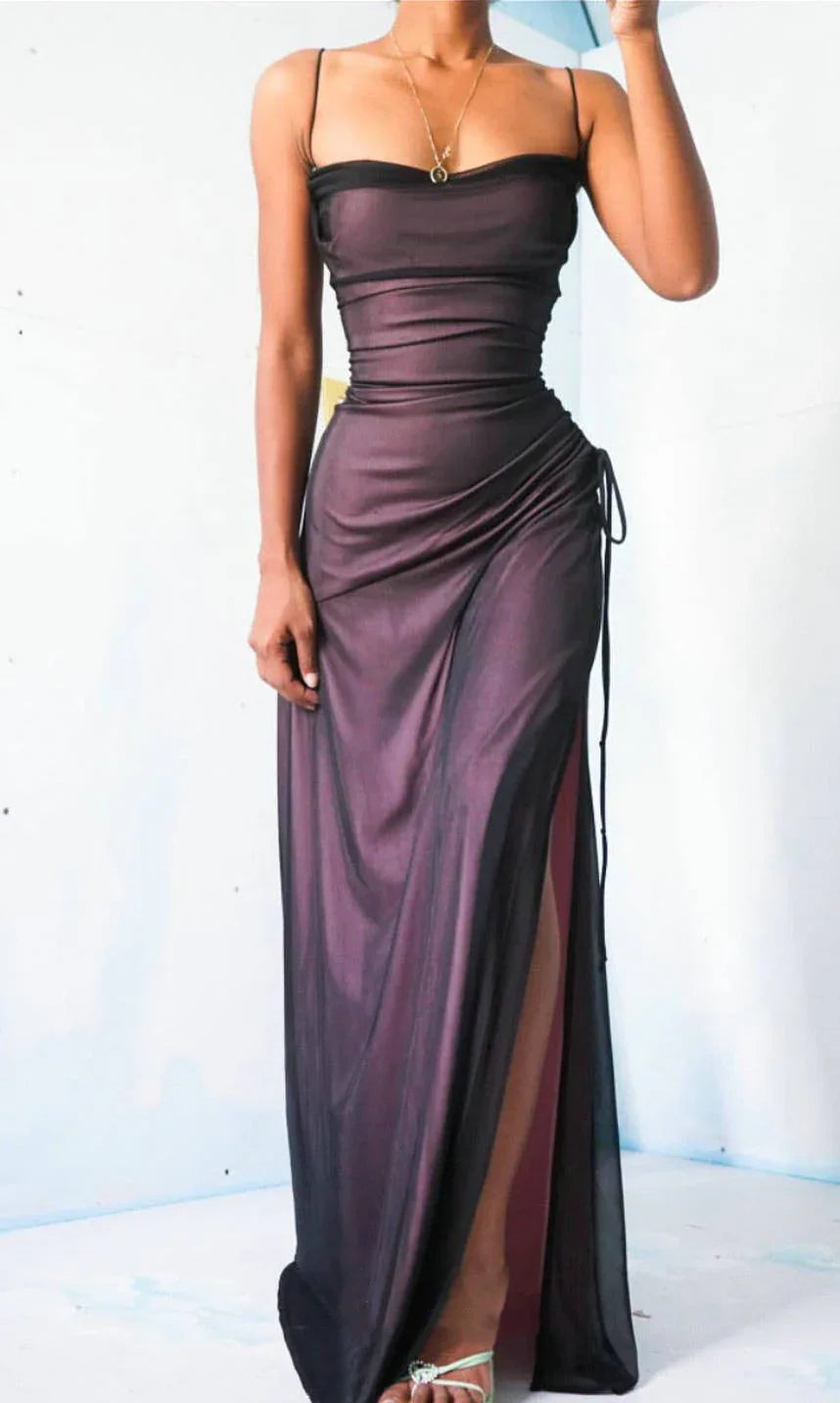 Lilac Satin Black Chiffon Sheath Long Prom Dresses, AST887