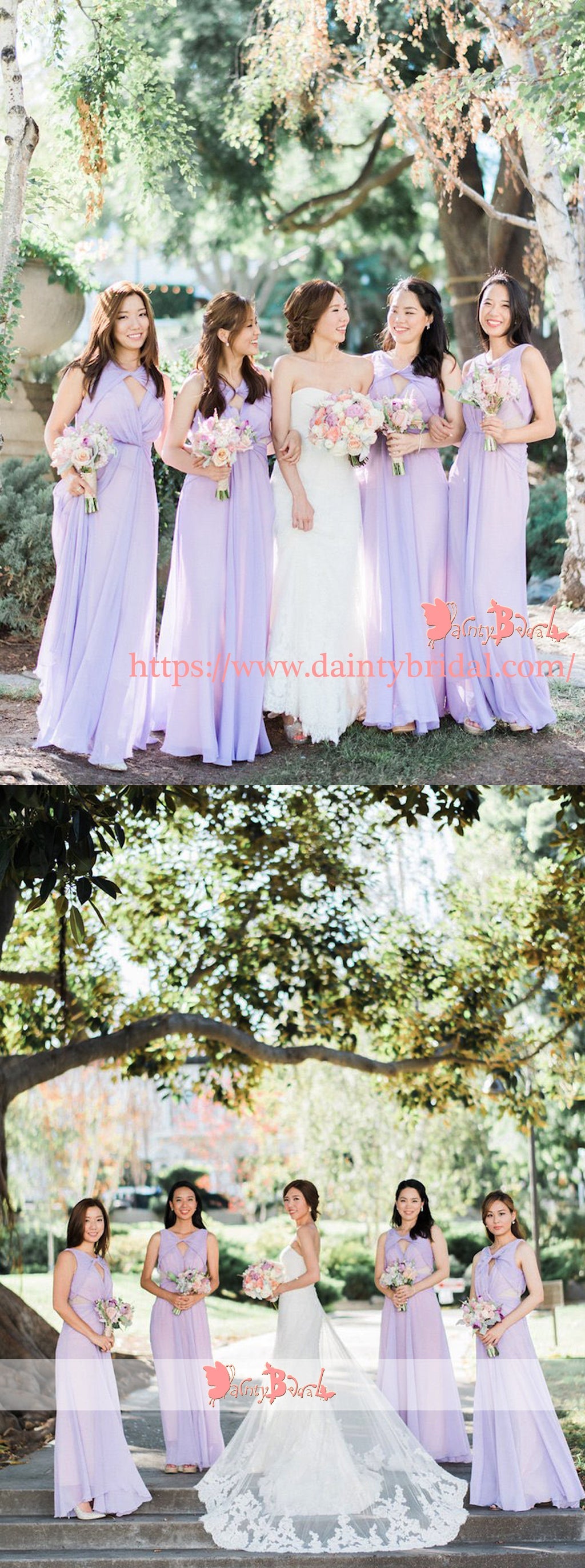 Lilac Chiffon Unique Neckline Sleeveless Long Bridesmaid Dresses,DB118