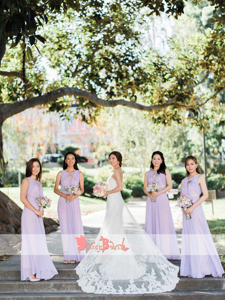 Lilac Chiffon Unique Neckline Sleeveless Long Bridesmaid Dresses,DB118