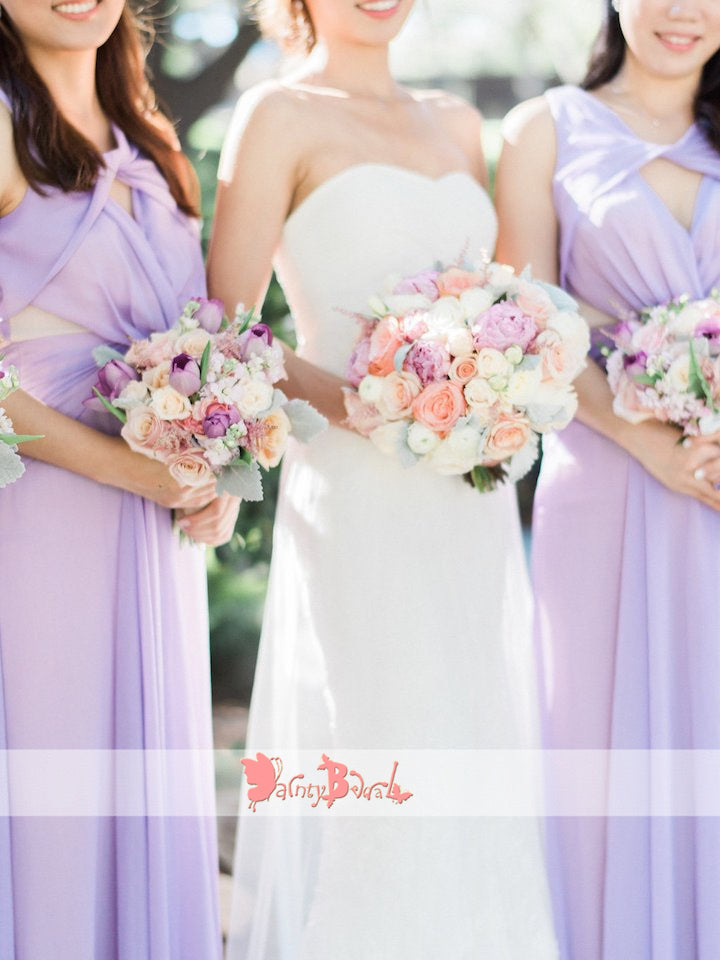 Lilac Chiffon Unique Neckline Sleeveless Long Bridesmaid Dresses,DB118