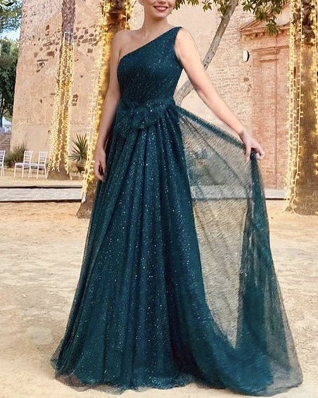 Long Glitter Prom Dresses One Shoulder