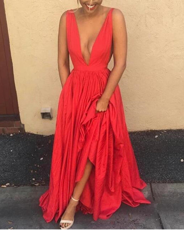 Sexy Plunge Neck Long Prom Dresses