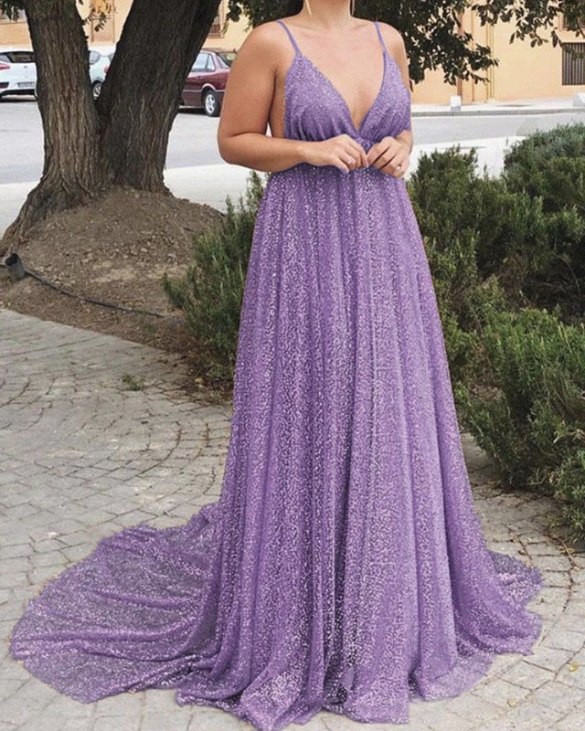Long Sequins Evening Dresses Plunge V-neck Prom Gowns