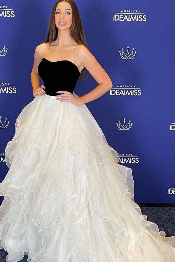 Long Tiered Tulle Strapless Neckline A-line Prom Dresses Formal Gowns TP1004