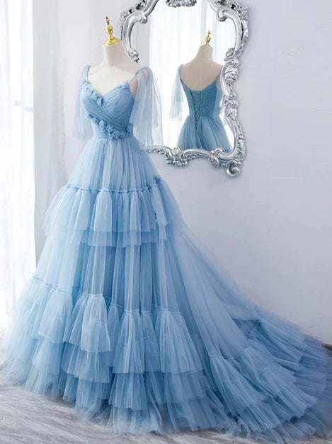 Aimishang Lovely Blue Tulle with Straps Layers Long Formal Dresses Evening Gown Party Dress Prom Dress Wholesale